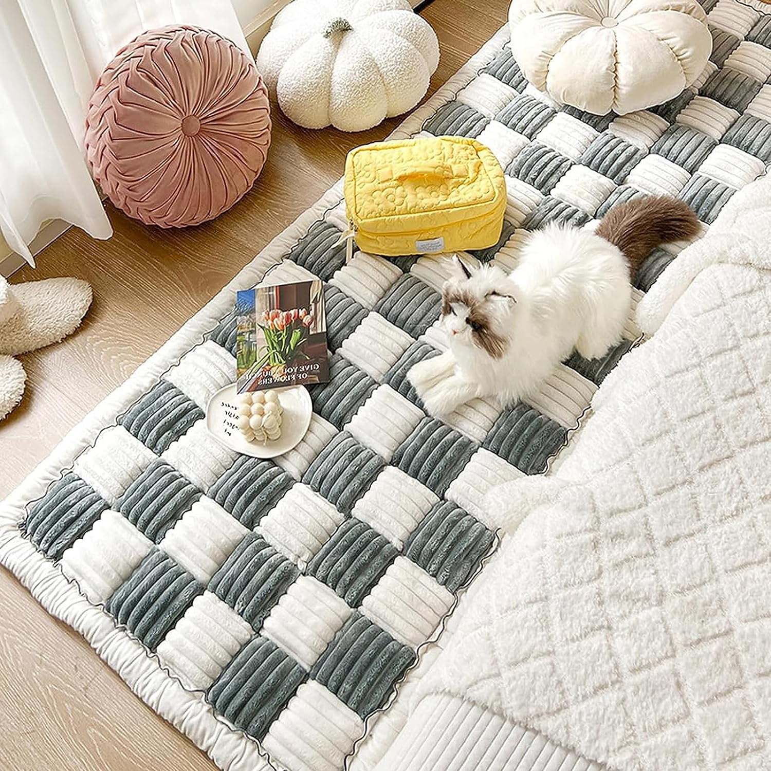 Cream-coloured Large Plaid Square Fuzzy Pet Dog Mat Bed Couch  Cover-FunnyFuzzy