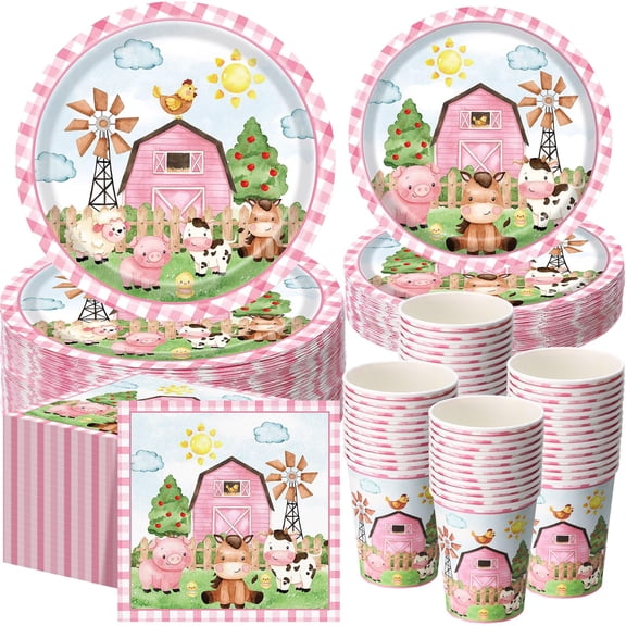 Funnymoom 250 Pcs Farm Animals Themed Party Decorations Barn Animal Paper Plates Cups and Napkins Disposable Pink Barnyard Farm Tableware Set for Birthday Baby Shower Party Supplies, Serves 50 Y114