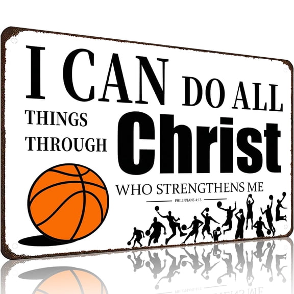 Funnysign Basketball Gifts I Can Do All Things Through Christ Philippians 4:13 Inspirational Bible Verse Tin Sign for Boys Room Man Cave Bedroom Living Room Decor 8 x 12 Inches
