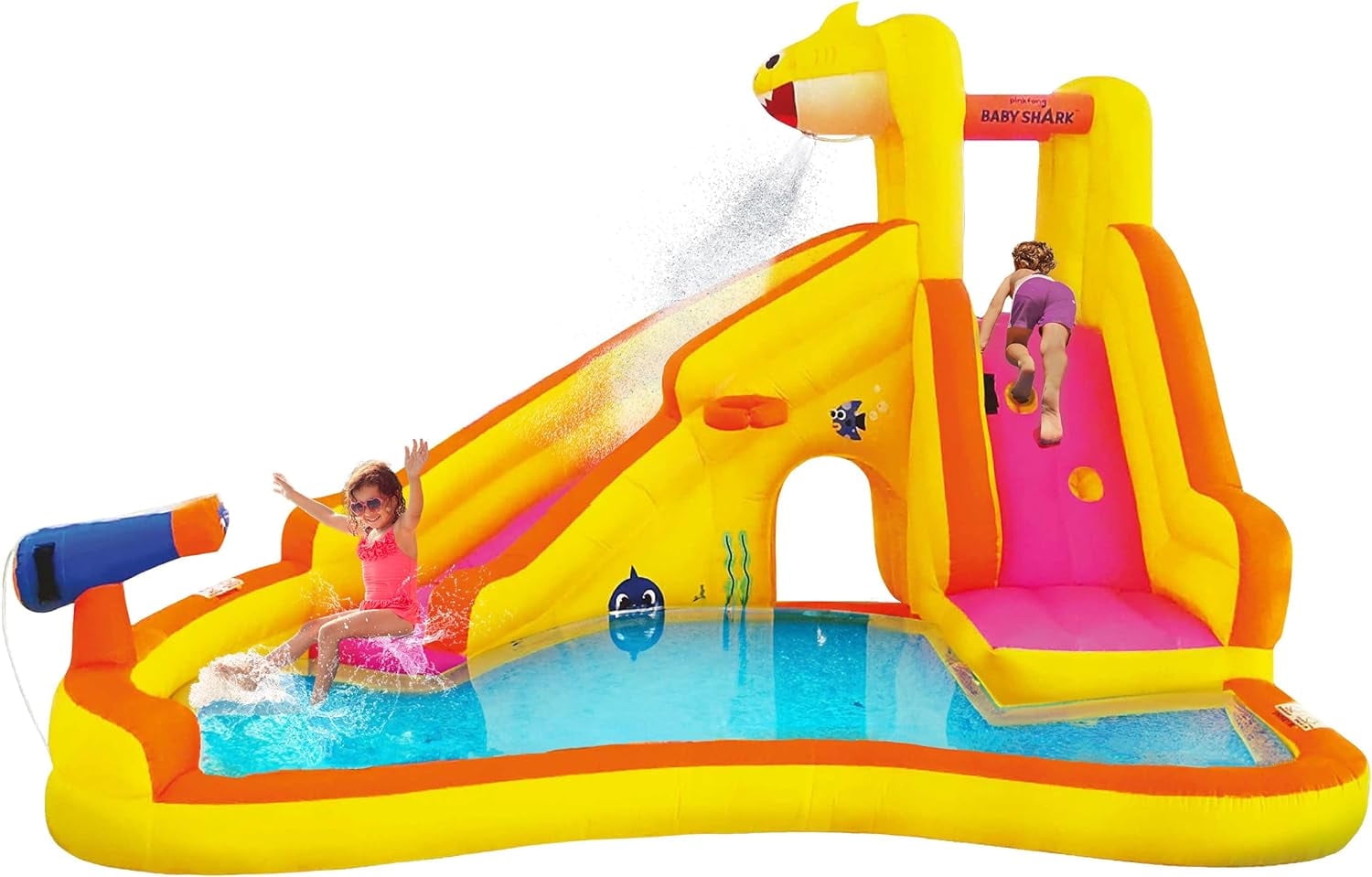 Funormous Baby Shark Bounce House with Slide, Pink Fong Inflatable Water Slide, Party Outdoor Curve Waterslide Fun