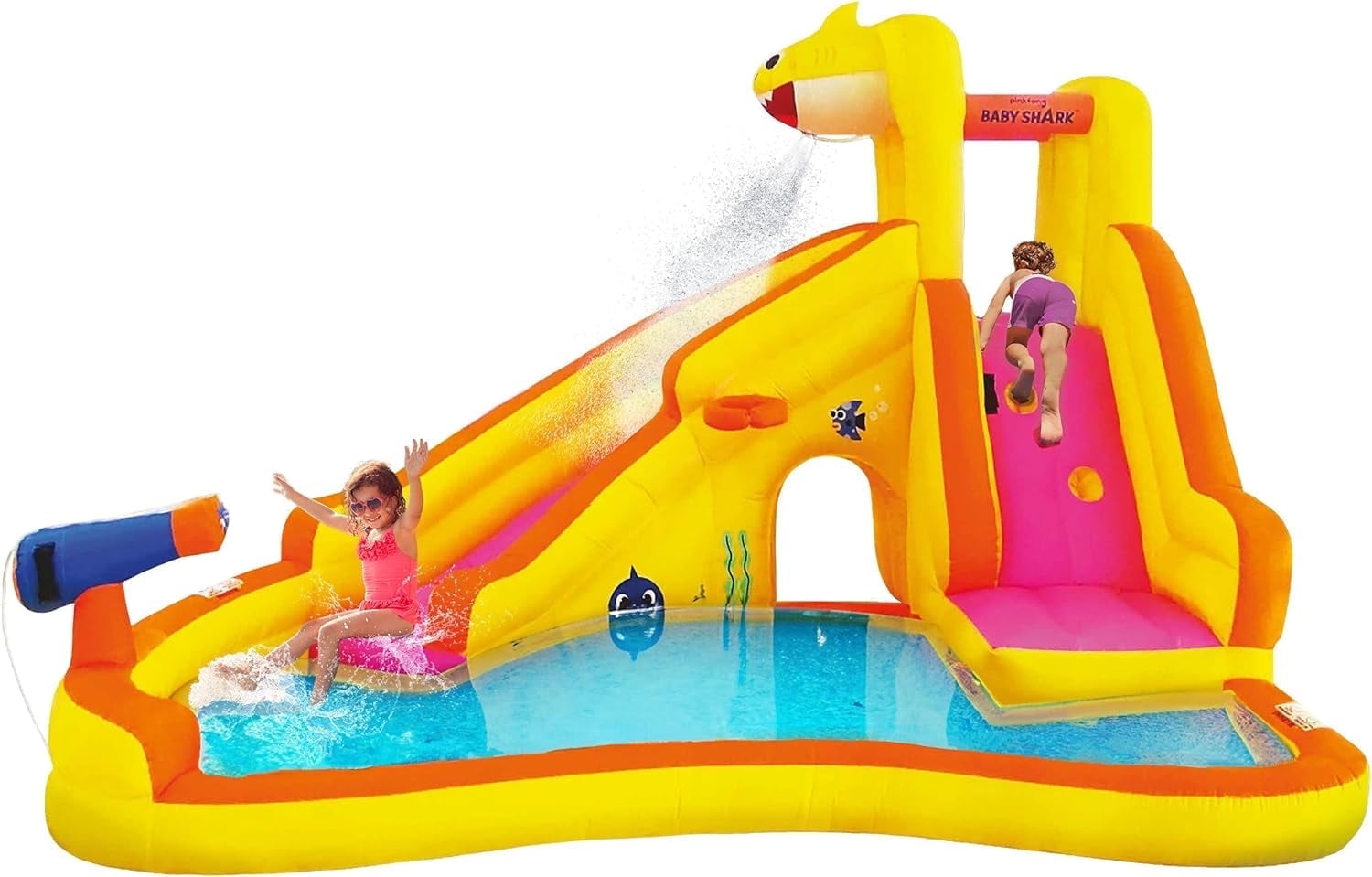 Funormous Baby Shark Bounce House with Slide, Pink Fong Inflatable Water Slide, Party Outdoor Curve Waterslide Fun