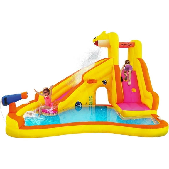 Funormous Baby Shark Bounce House with Slide, Pink Fong Inflatable Water Slide, Party Outdoor Curve Waterslide Fun