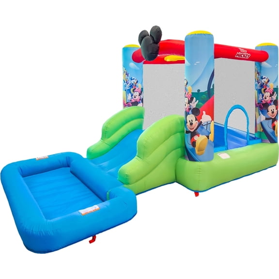 Funormous Official Disney Mickey Mouse Bounce House Water Slide with Pool & Ball Pit, Inflatable Bouncer for Kids Ages 38 with Basketball Hoop, Water Misting System, Blower & Carry Bag