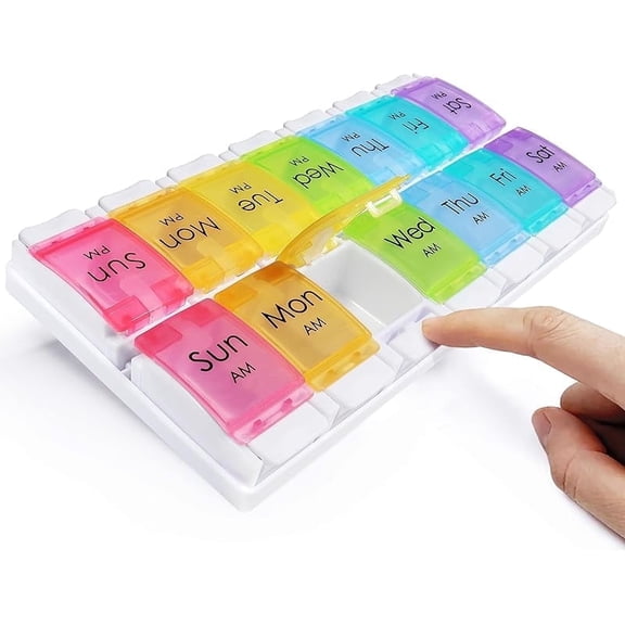 Funpisea 7 Day AM PM Pill Organizer, Large 14 Compartments Push Button Pill Box for Medication Vitamins