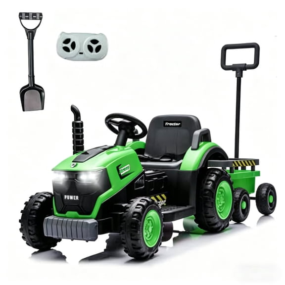 Funride 12V Ride on Toys with Remote Control, Ride on Tractor w/ Detachable Trailer, 6 Wheeler Motorized Trailer Vehicle for Kids 3-5 with Bluetooth Music, Shovel, 3 Speed, LED lights, Green
