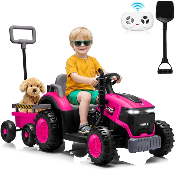 Funride 12V Ride on Tractor, Toddler Ride on Toys w/ Remote Control, 35W Dual Motor Electric Vehicles w/ Detachable Trailer, 3 Speed, Bluetooth Music, Shovel, LED lights, Pink