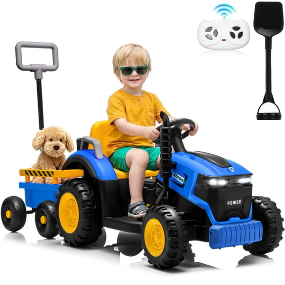 Funride 12V Ride on Tractor w/ Remote Control, 35W Dual Motors Ride on Toys w/ Detachable Trailer & Shovel, Kids' Electric Vehicles with Trailer Ground Loader, Bluetooth Music, LED lights, Blue