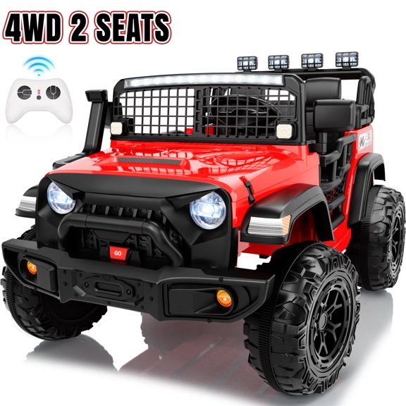 Funride 4WD 24 Volt Ride on Toys, 2 Seater Electric Car for Kids, Power Car Wheels with Remote, Bluetooth, LED Lights, Red