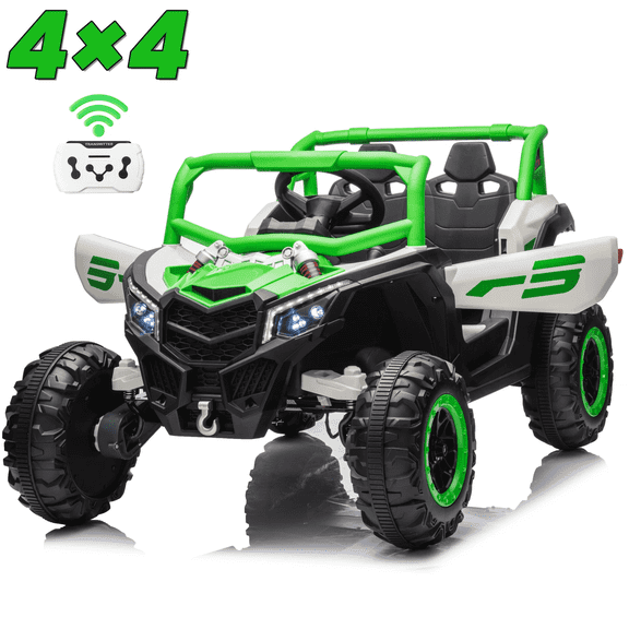 Funride 4WD 24 Volt Ride on Toys with Remote, 2 Seater Electric Car for Kids, Cool Gift with LED Light, Bluetooth, Horn, Green