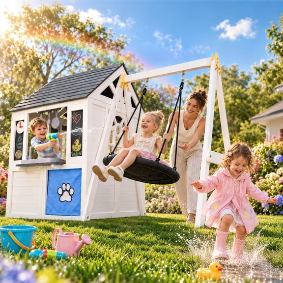 Funride Wooden Playhouse with Swing Set, Interactive Play Kitchen Outdoor Playhouse, DIY Paintable for Ages 3-8, Indoor & Outdoor