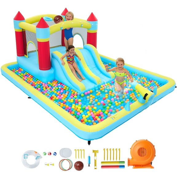 FunsLane 7-in-1 Inflatable Bounce House for Kids, Dual Water Slides, Ball Pool, Basketball Hoop, Water Launcher, Ring Toss & Sprinkler, Oxford Bouncy Castle with Blower for Outdoor Summer Play(Blue)