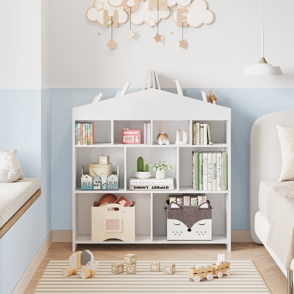 FunsLane House-Shaped Kids Bookshelf & Toy Storage Organizer, 4-Tier Wooden Bookcase with 15 Cubby Cubes, Anti-Tip Safety, for Nursery/Playroom/Study Area - (White)