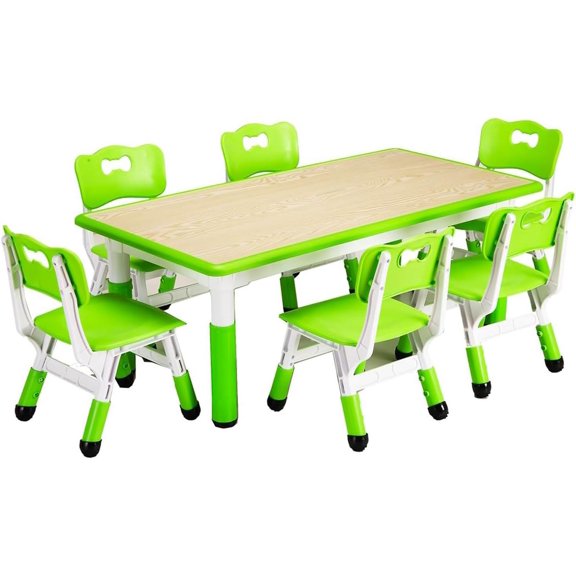 FunsLane Kids Table and 6 Chair Set,47 Inches Modern Height Adjustable Table and 6 Chairs Set with Non-Slip Table Legs&Organizer Graffiti Desktop,Preschool Activity Art Craft Table for 6 (Green)