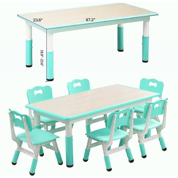 FunsLane Kids Table and Chairs Set, Height Adjustable Desk with 6 Seats for Ages 2-10,Arts & Crafts Table,Graffiti Desktop, Non-Slip Legs, Max 300lbs, Children Multi-Activity Table for Classrooms