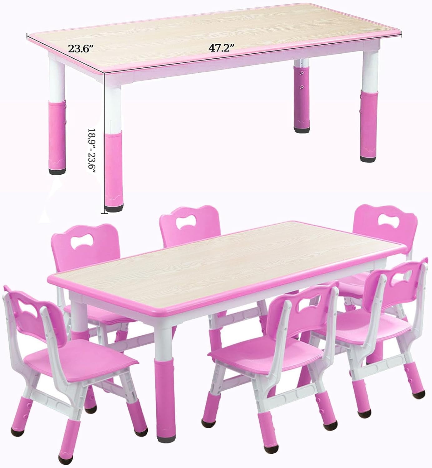 FunsLane Kids Table and Chairs Set, Height Adjustable Desk with 6 Seats for Ages 2-10,Arts & Crafts Table,Graffiti Desktop, Non-Slip Legs, Max 300lbs, Children Multi-Activity Table for Classrooms
