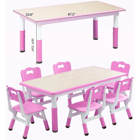 FunsLane Kids Table and Chairs Set, Height Adjustable Desk with 6 Seats for Ages 2-10,Arts & Crafts Table,Graffiti Desktop, Non-Slip Legs, Max 300lbs, Children Multi-Activity Table for Classrooms