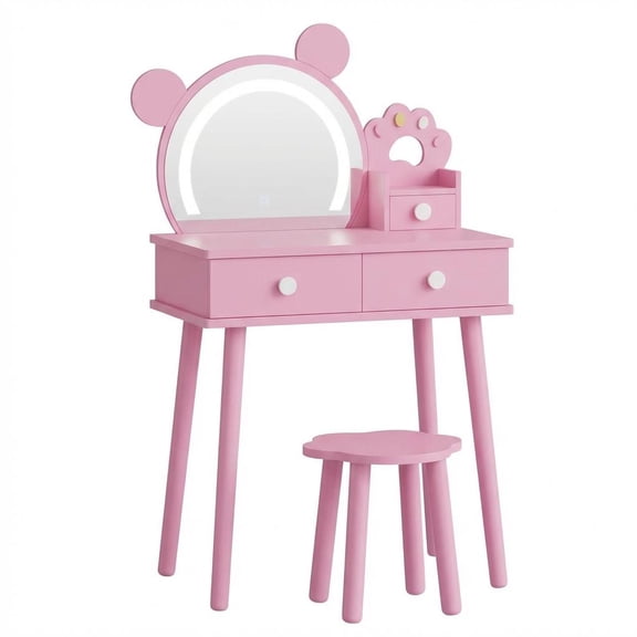 FunsLane Kids Vanity Table Set with LED Bear-Shaped Mirror – Wooden Princess Makeup Desk – Storage Drawers & Stool – Pretend Play Dressing Table for Girls’ Bedroom – Color: Pink