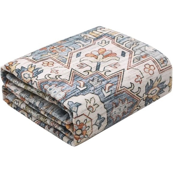 FunsLane Vintage Floral Print Area Rug, Traditional Washable Indoor Boho Carpet Low Pile Non-Shedding Floor Mat with Non-Slip Rubber Backing, for Dining Room Office Bedroom Living Room, Blue-Green,5x7