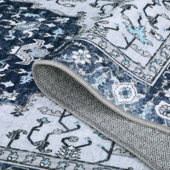 FunsLane Washable Vintage Floral Area Rug 3x5- Non-Slip Print, Non-Shedding, Soft Foldable Carpets for Dining Room, Bedroom, Living Room, Kitchen Entryway, Blue
