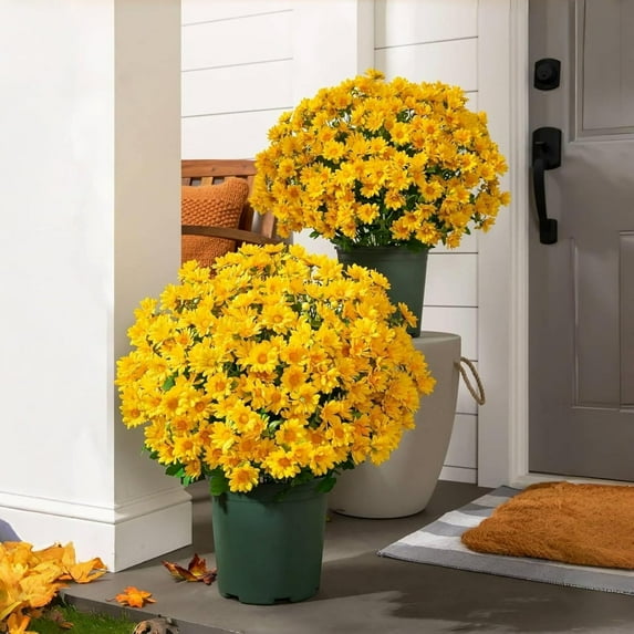 Funsdecor Artificial Mums(1set 5 Bunchs), Lifelike Outdoor Sunset Mums Flowers - UV Resistant, Waterproof, Windproof, Outdoor Decor for Outside Home Indoor Planter (Orange-5 Bundles)