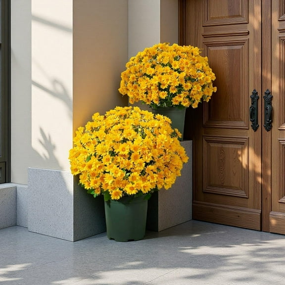 Funsdecor Artificial Mums, Artificial Sunset Mums - UV Resistant, Waterproof, Windproof, for Outside Planters, Look Real, Full, Vibrant, Never Faded, Reflecting Autumn Vibe (5pcs-Yellow)