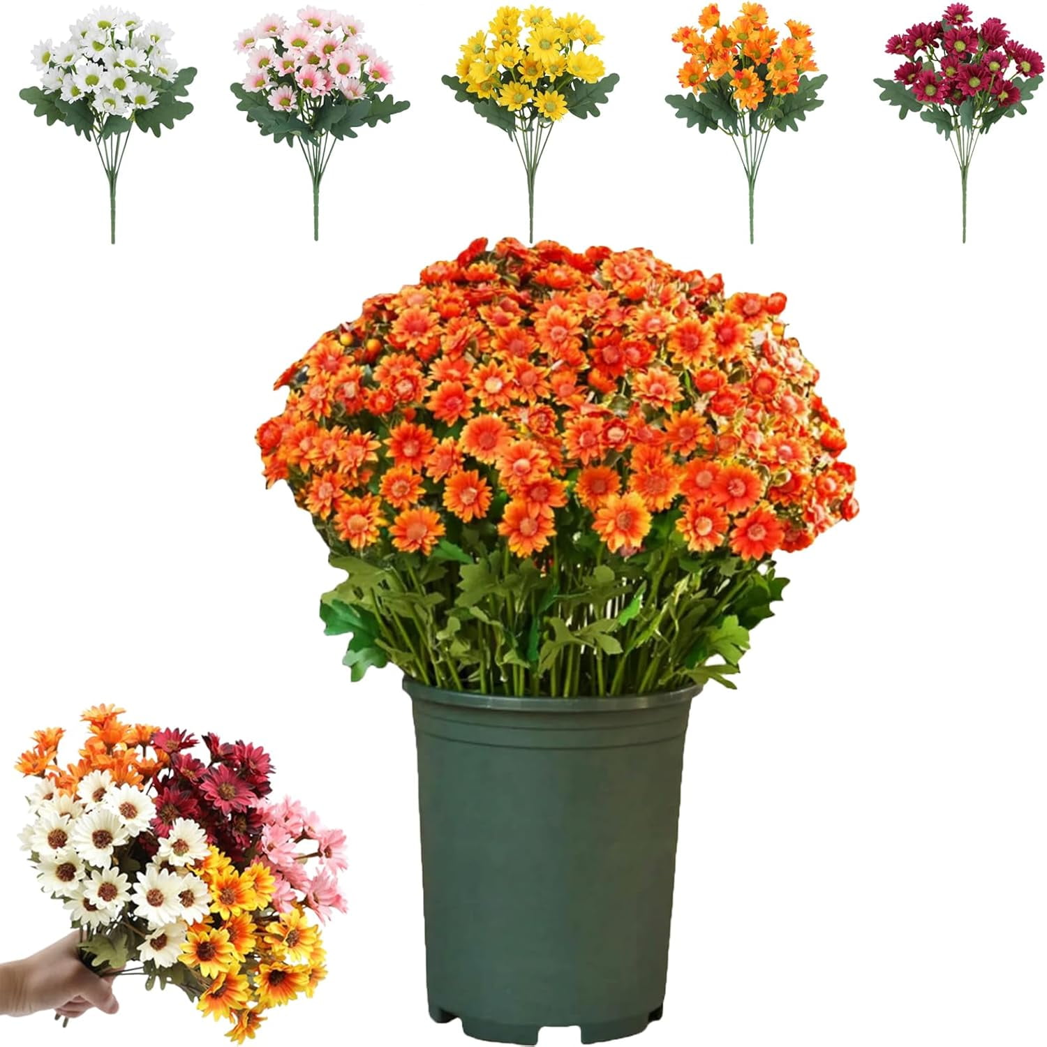 Funsdecor Artificial Sunset Mums – Set Of 5 UV Resistant Bunches, Waterproof Fake Flowers For Outdoor Fall Decor