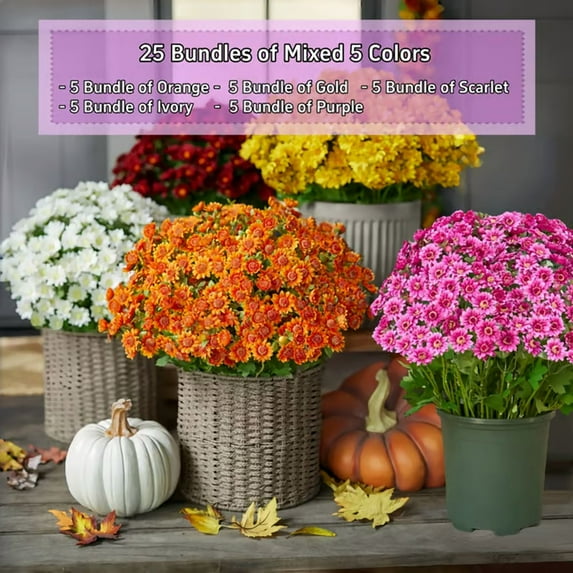 Funsdecor Mums, Artificial Sunset Mums, Artificial Outdoor Sunset Mums Flowers - UV Resistant, Waterproof, Windproof, Fall Flower Daisy With Eucalyptus, Look Real, Full, Vibrant