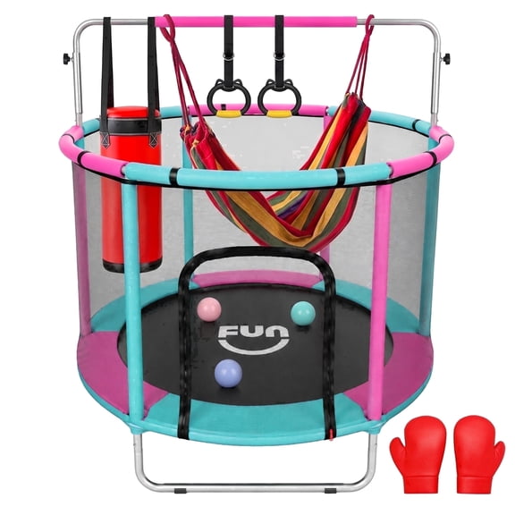 Funseek Mini Trampoline Set, All-in-One Entertainment Trampoline, Bearing 132lb, Blue and Pink