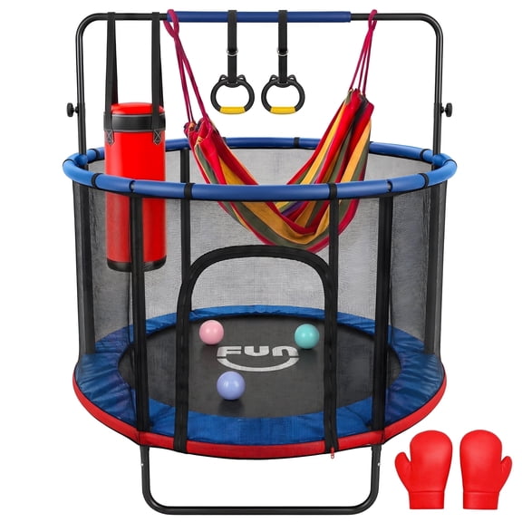 Funseek Mini Trampoline Set, All-in-One Entertainment Trampoline, Bearing 132lb, Blue and Red