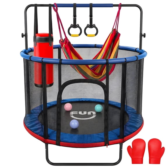 Funseek Mini Trampoline Set, All-in-One Entertainment Trampoline, Bearing 132lb, Blue and Red
