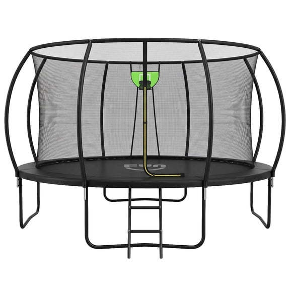 Funseek Trampoline with Basket and Basketball, Light Strip, Large Size and Load-Bearing Capacity, 14FT, Black