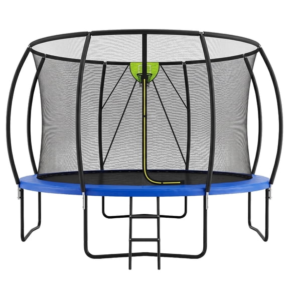 Funseek Trampoline with Basket and Basketball, Light Strip, Large Size and Load-Bearing Capacity, 14FT, Gray