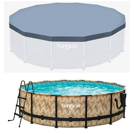 Funsicle 14' x 42" Oasis Round Pool with 14' Debris Cover, Oak Herringbone