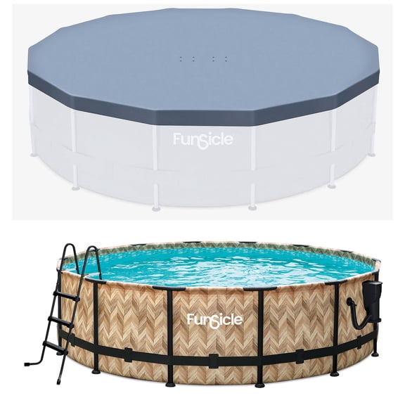 Funsicle 14' x 42" Oasis Round Pool with 14' Debris Cover, Oak Herringbone