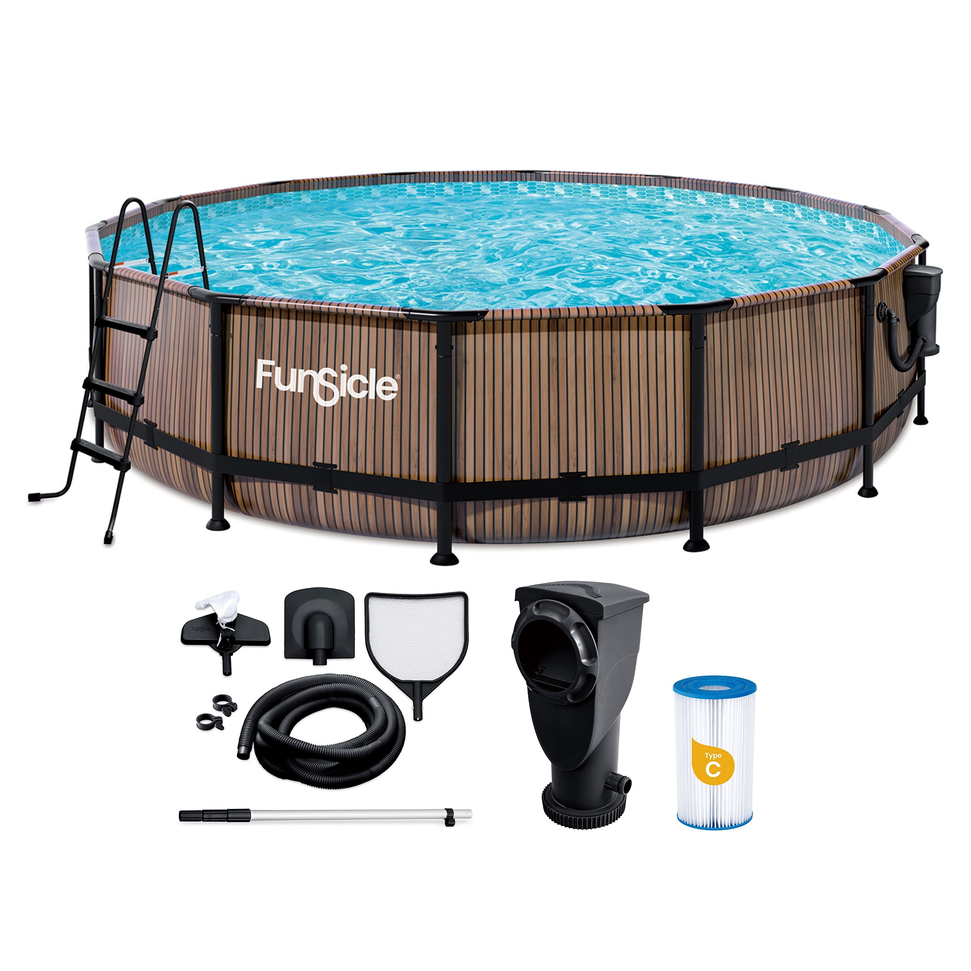 Funsicle 14ft x 42in Round Oasis Designer Above Ground Pool, Natural Teak with SkimmerPlus Filter Pump, Age 6 & up