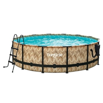 Funsicle 14ft x 42in Round Oasis Designer Above Ground Pool, Oak Herringbone with SkimmerPlus Filter Pump, Age 6 & up