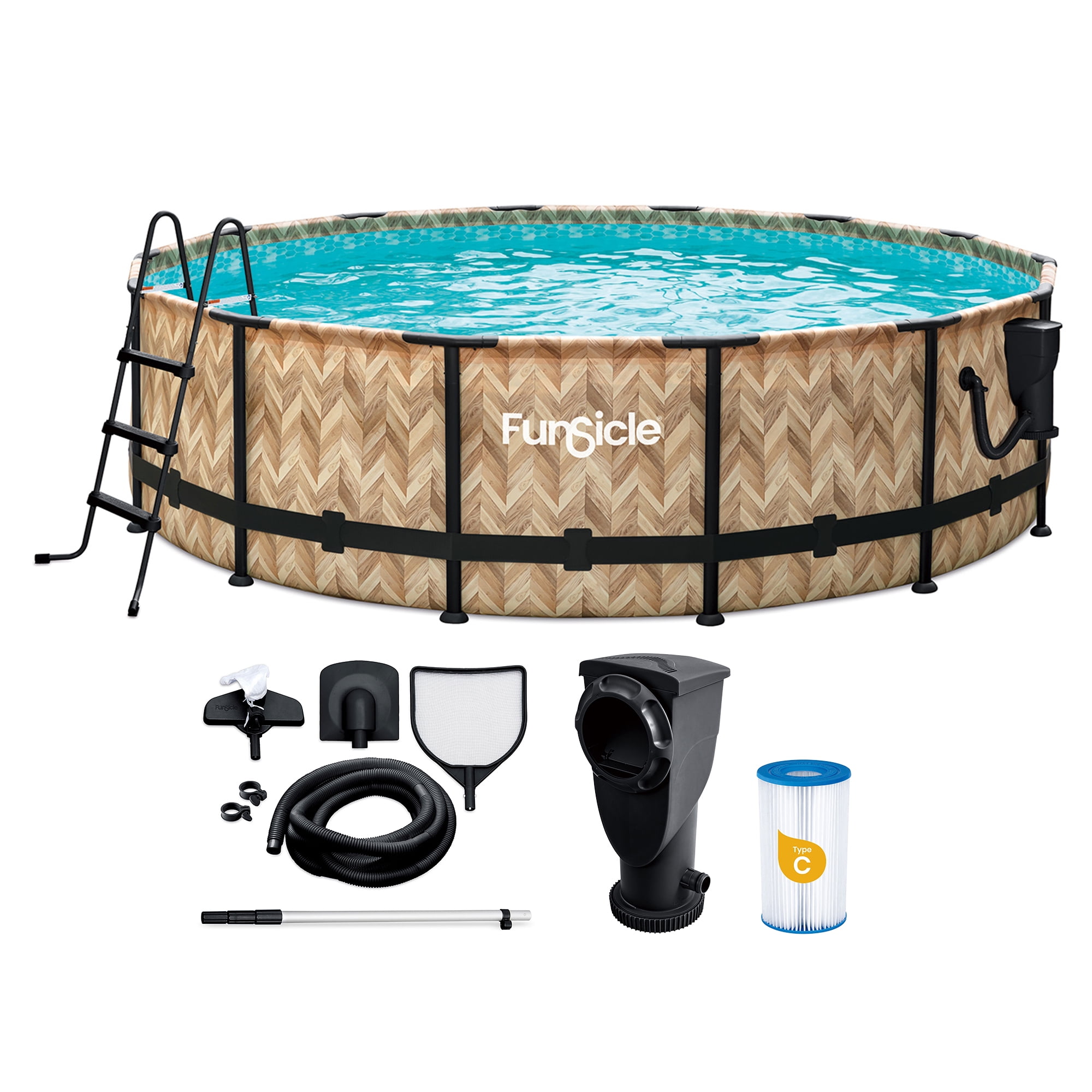 Funsicle 14ft x 42in Round Oasis Designer Above Ground Pool, Oak Herringbone with SkimmerPlus Filter Pump, Age 6 & up