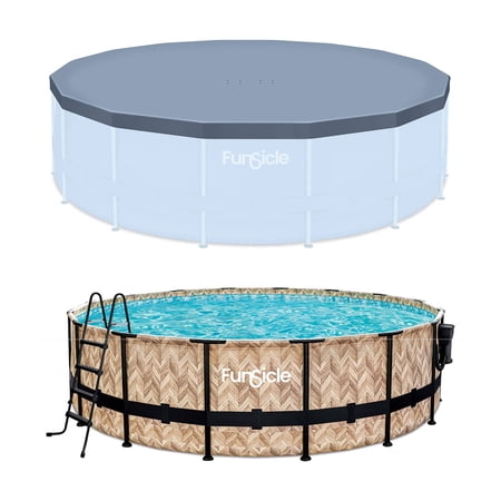 Funsicle 16' x 48" Oasis Round Frame Pool with 16' Cover, Oak Herringbone