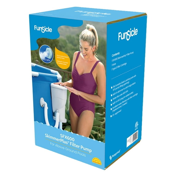 Funsicle: SFX600 SkimmerPlus Filter Pump - For Above Ground Swimming Pools, Type D Filter Cartridge, 600 GPH, Skimmer Basket Removes Debris, Accessory