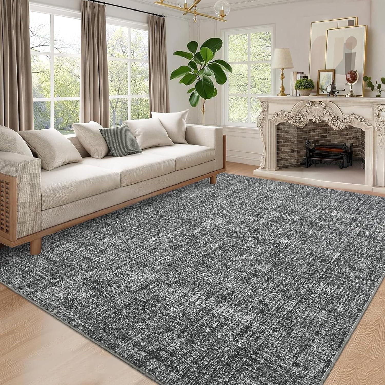 Memoryfield 10' x 13' Washable Area Rug, Stain-Resistant Low Pile Non Slip Carpet, Floor Mat for Living Room Bedroom Home Office, Dark Gray