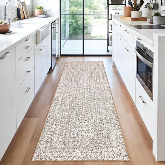 Memoryfield 2' x 10' Modern Braided Runner Rug, Washable Floor Cover, Non-Slip Stain-Resistant Soft Rug for Kitchen Bedroom Entryway, Beige Grey