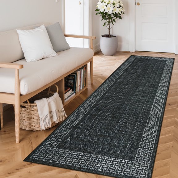 Funslane 2' x 6' Bordered Runner Rug, Washable Non-Slip Low-Pile Carpet, Modern Geometric Design for Living Room, Bedroom, Kitchen, Black
