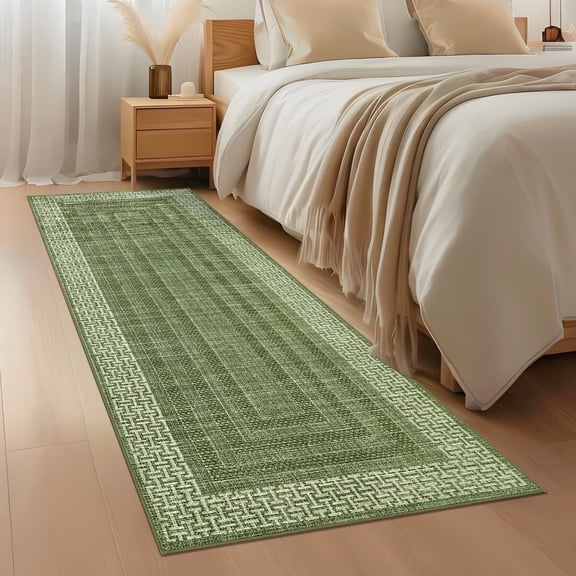 Memoryfield 2' x 6' Bordered Runner Rug, Washable Non-Slip Low-Pile Carpet, Modern Geometric Design for Living Room, Bedroom, Kitchen, Green