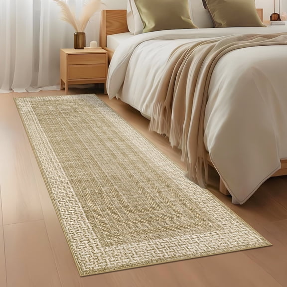 Funslane 2' x 6' Bordered Runner Rug, Washable Non-Slip Low-Pile Carpet, Modern Geometric Design for Living Room, Bedroom, Kitchen, Tan