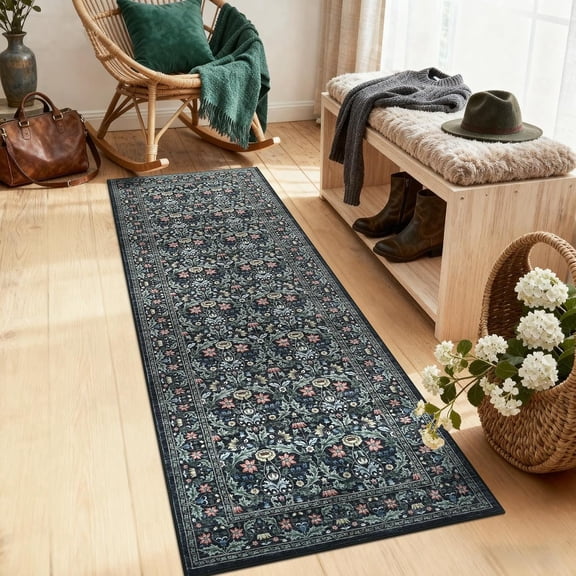Memoryfield 2' x 6' Floral Runner Rug, Washable Non-Slip Soft Low-Pile Carpet, Ultra-Thin, Stain-Resistant, Non-Shedding, for Kitchen, Dining Room & Bedroom, Black