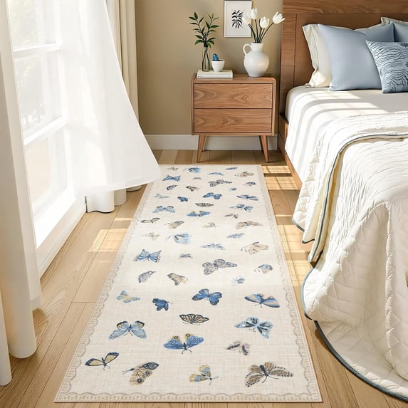 Memoryfield 2' x 6' Modern Butterfly Print Runner Rug, Washable, Non-Slip, Low-Pile Carpet for Kitchen, Bedroom, Entryway,Khaki