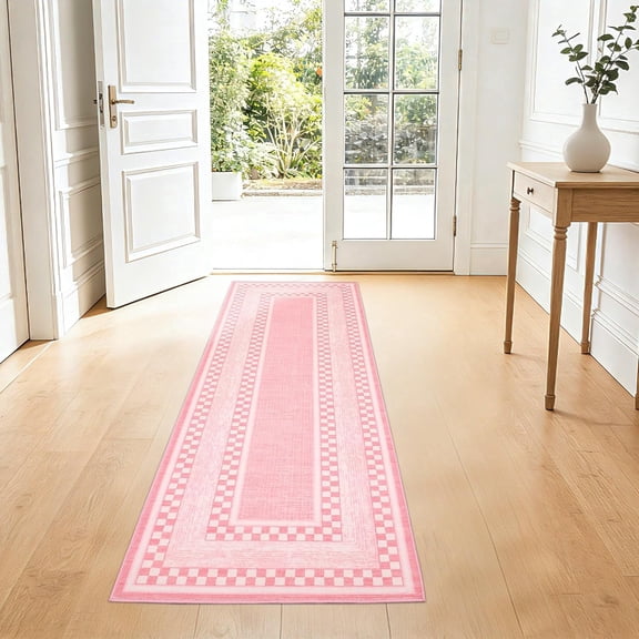 Memoryfield 2' x 6' Modern Checkered Runner Rug, Washable Floor Mat, Low-Pile Carpet for Kitchen, Bedroom, Pink