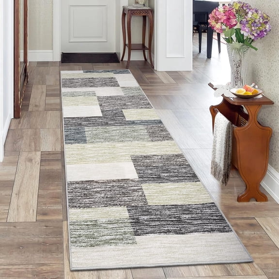 Memoryfield 2' x 6' Modern Geometric Patchwork Runner Rug, Washable Low-Pile Non-Slip Soft Carpet, for Kitchen, Bedroom, Gray/Green