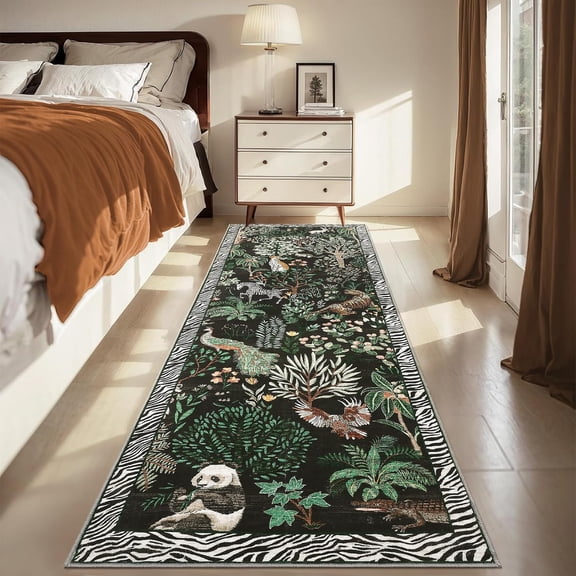 Funslane 2' x 6' Washable Rugs, Jungle Non-Slip Floor Carpet, Low-Pile Animal Rug for Bedroom, Playroom, Nursery & Living Room, Non-Shedding, Black