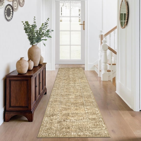 Funslane 2' x 6' Washable Runner Rug, Vintage Floral Non-Slip Soft Floor Carpet, for Living Room Bedroom Dining Room, Beige